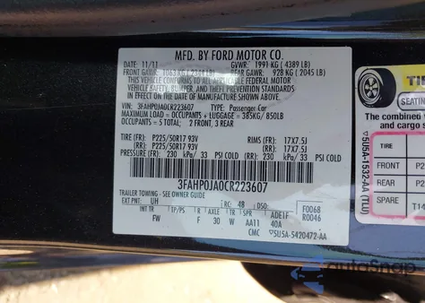 2012 Ford Fusion Sel z USA, uszkodzony, nr VIN 3FAHP0JA0CR223607